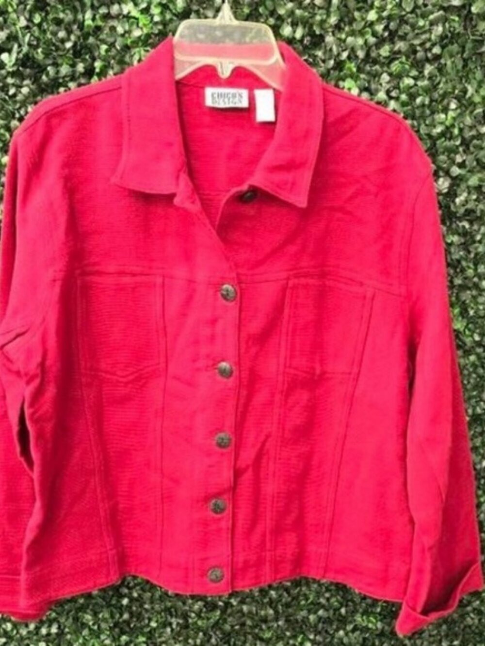 Chico's Size 2 (14/16) L Red Cotton Jacket with gold buttons